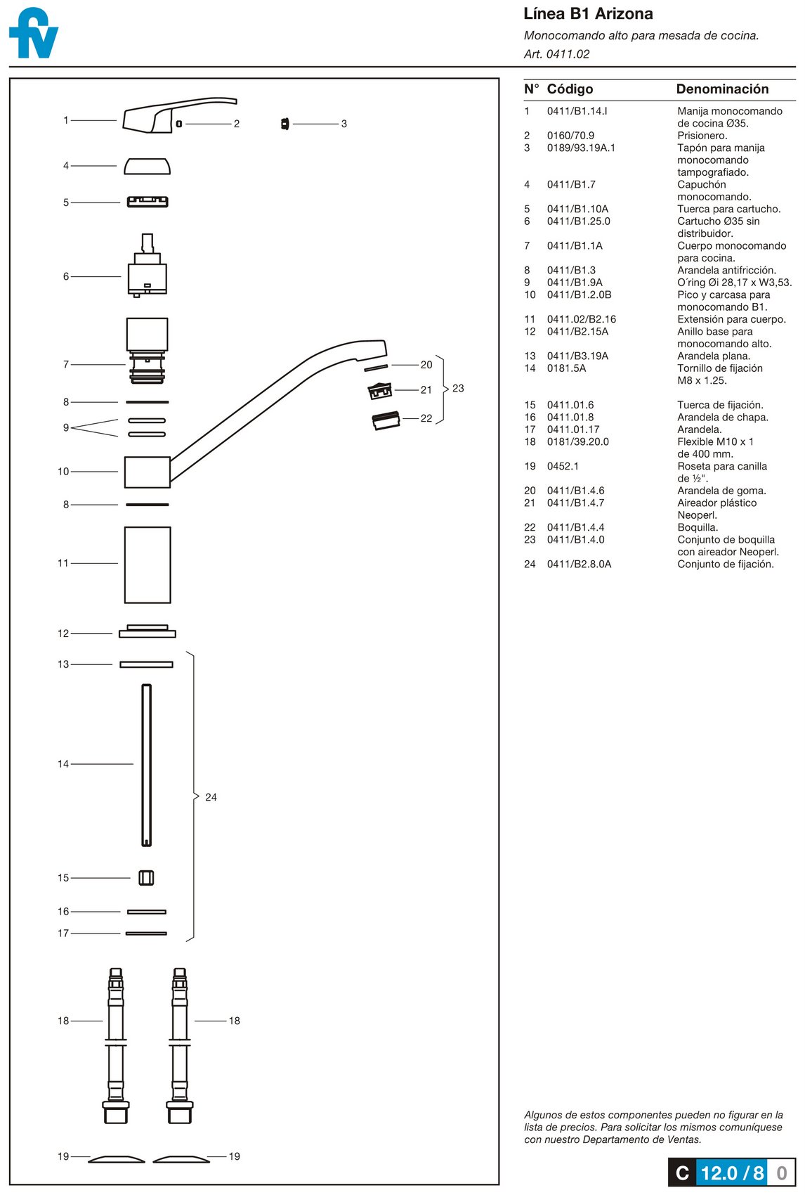 Griferia Monocomando Para Cocina Fv Arizona 411.02/B1