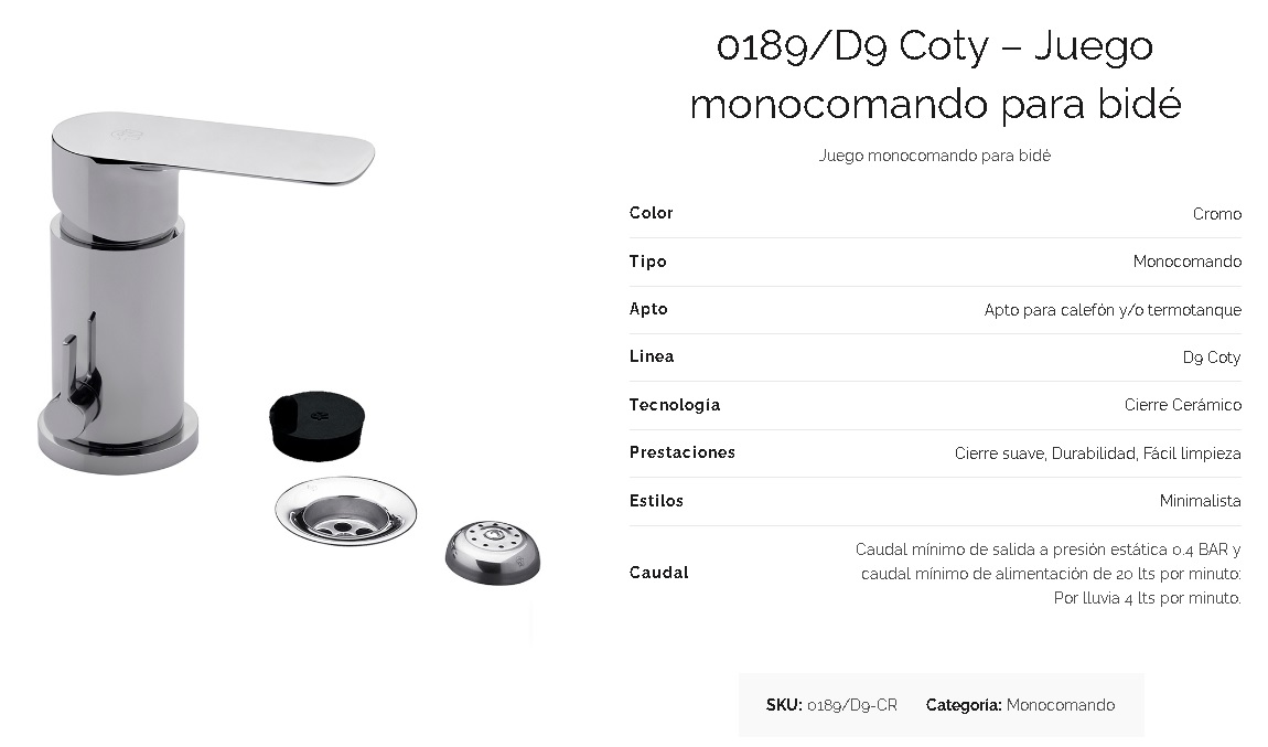 Griferia Monocomando Para Bidet Fv Coty 189/D9