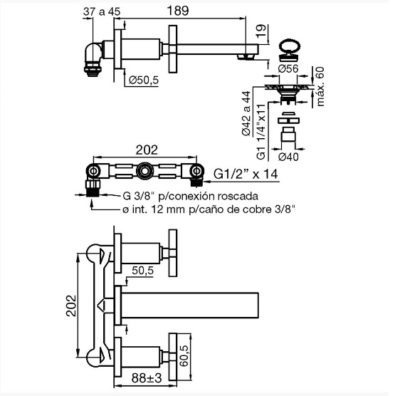 Griferia Bimando Para Lavatorio Fv Dominic De Pared 203/85