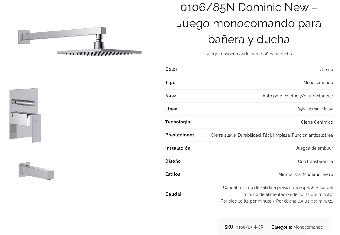 Griferia Monocomando Para ducha Con Tranferencia Fv Dominic 106/85N