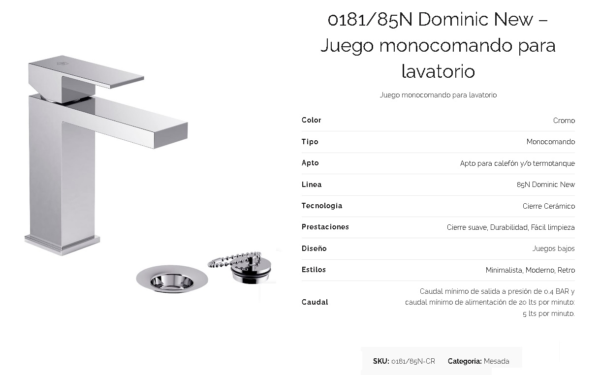 Griferia Monocomando Para Lavatorio Fv Dominic Baja 181/85