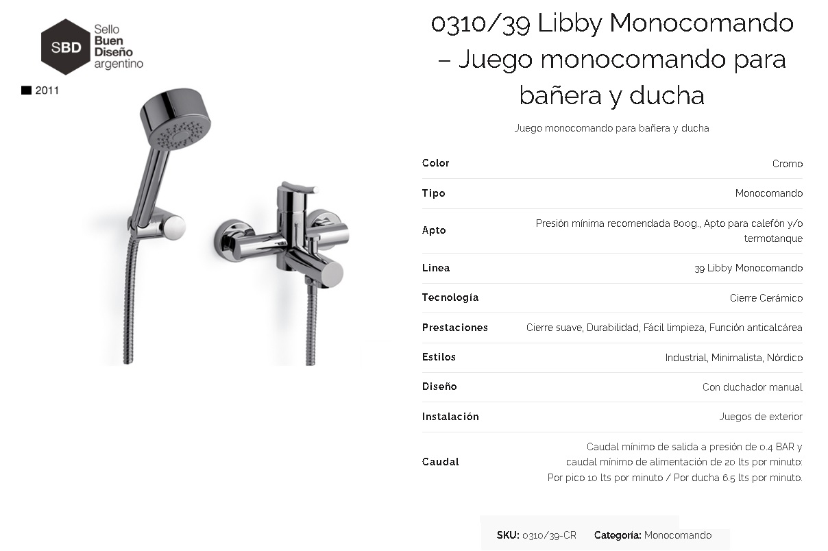 Griferia Monocomando Para Ducha Con Transferencia Fv Libby 310/39
