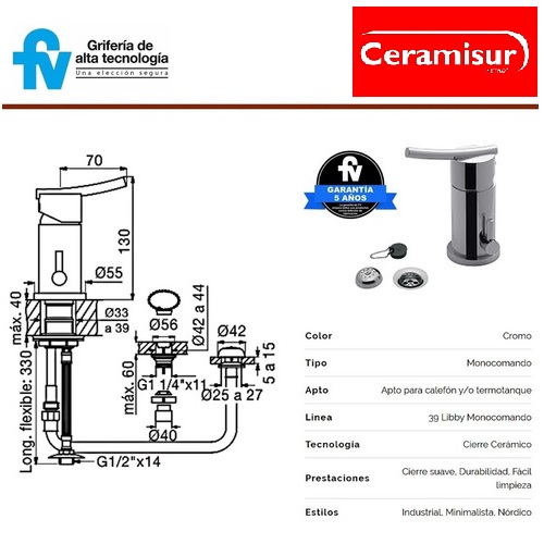 Griferia Monocomando Para Bidet Fv Libby 189/39
