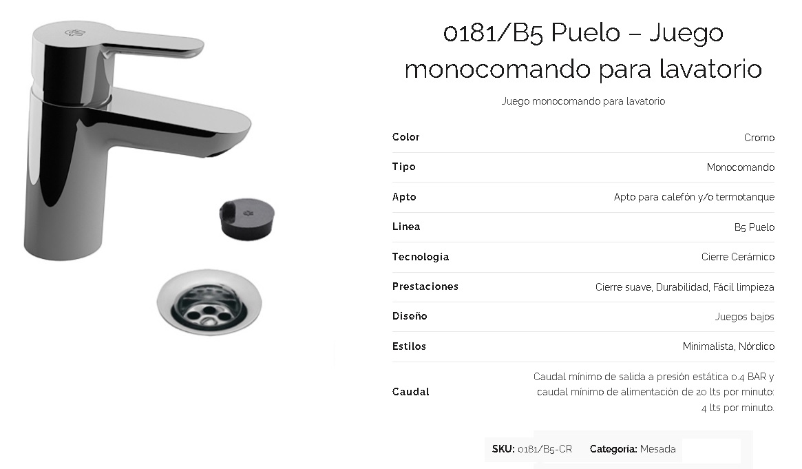 Griferia Monocomando Para Lavatorio Fv Puelo 181/B5